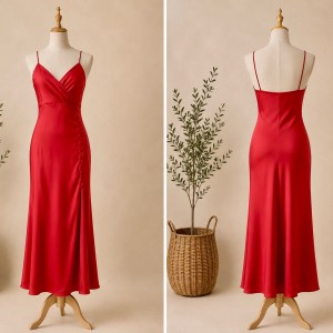 Preloved Red Satin Wrap V-Neck Evening Dress with Side Slit Brand: Zara