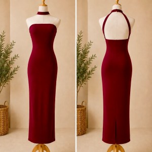 Preloved Burgundy Choker Halter Neck Maxi Dress with Open Back