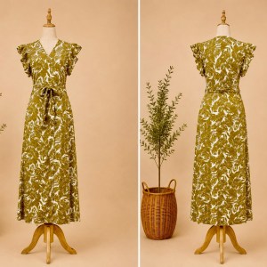 Preloved Botanical Print Flutter Sleeve Dress with Belt Brand: TRENDYOL