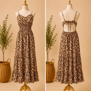 Preloved Brown Daisy Print Midi Dress with Smocked Waist Brand: Splash