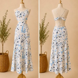 Preloved Classic Blue Floral Cutout Long Dress with Open Tie Back Brand: Ginger