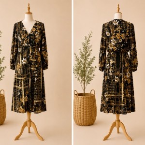 Preloved Gold Chain and Floral Black Dress with Long Sleeves Brand: Zara Basic