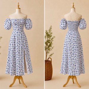 Preloved Blue and White Floral Off-Shoulder Maxi Dress with Slit