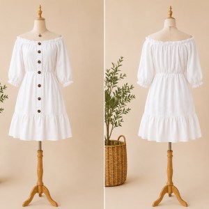 Preloved White Off-Shoulder Puff Sleeve Button-Down Mini Dress Brand: Simplee