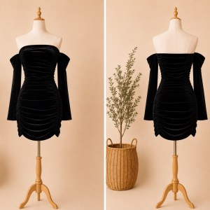 Preloved Black Velvet Off-Shoulder Ruched Bodycon Mini Dress Brand: Juicy Couture