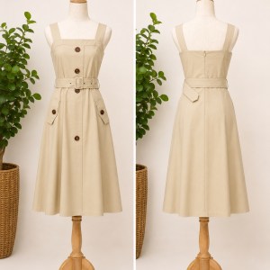 Preloved Beige Belted Button-Front Square Neck Midi Dress Brand: 로터스 푸카나