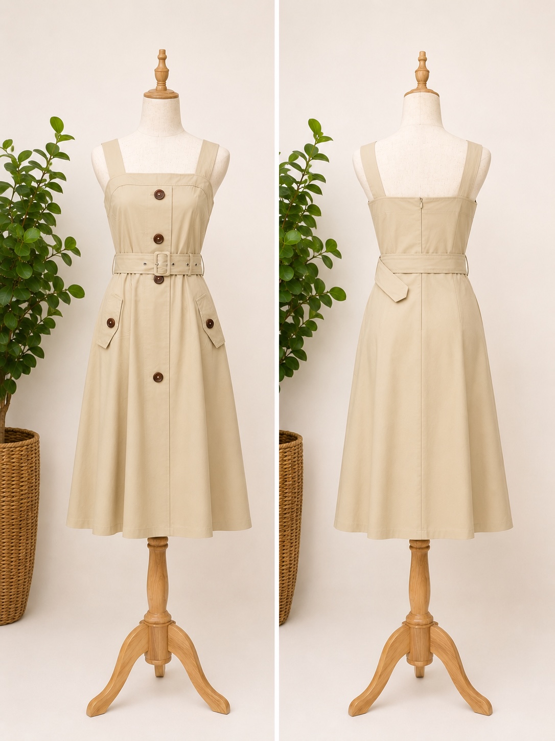 Preloved Beige Belted Button-Front Square Neck Midi Dress Brand: 로터스 푸카나