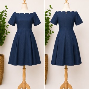 Brand New Vero Moda Denim Blue Denim Scalloped Off-Shoulder Mini Dress