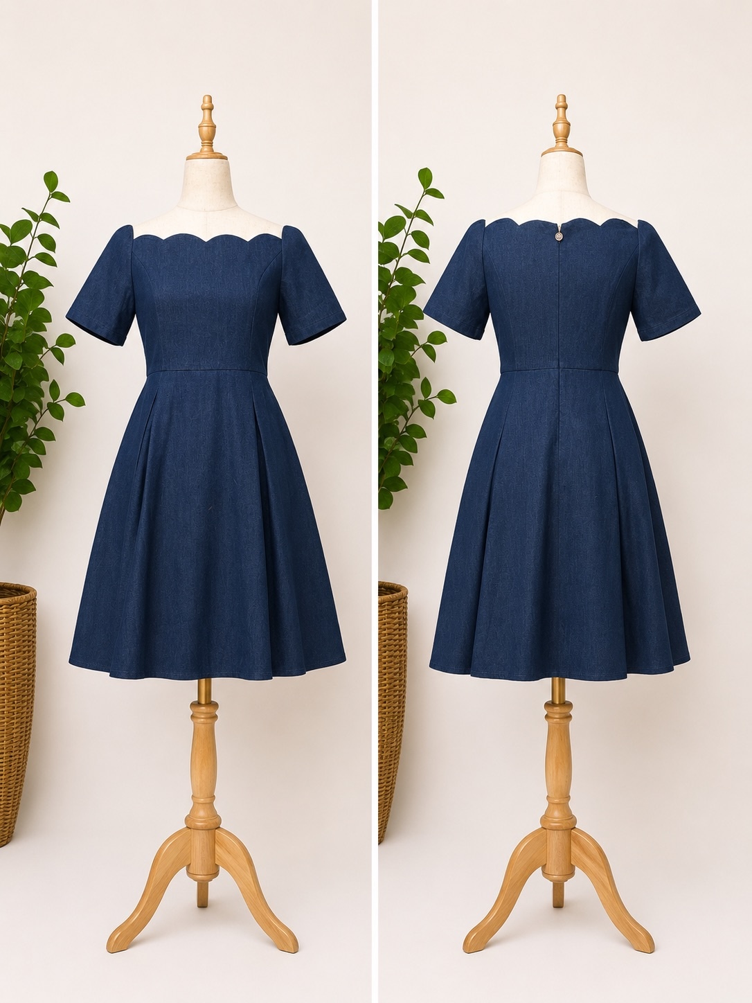 Brand New Vero Moda Denim Blue Denim Scalloped Off-Shoulder Mini Dress