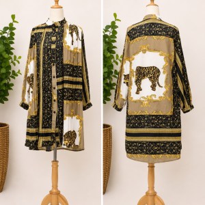 Preloved Gold and Black Baroque Print Button-Down Shirt Dress Brand: Fashion Classic