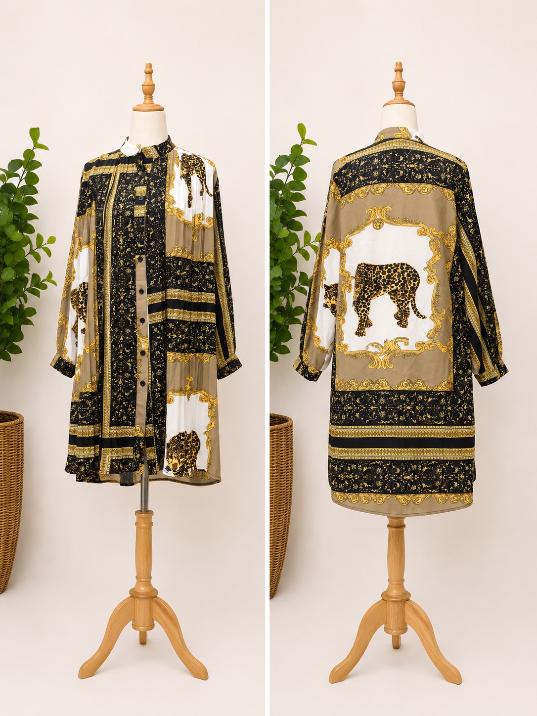 Preloved Gold and Black Baroque Print Button-Down Shirt Dress Brand: Fashion Classic