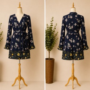 Preloved Navy Blue Floral Print Belted Dress with Border Hem Brand: Pretty Little Thing