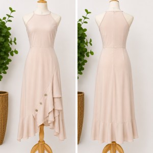 Preloved Beige Halter Neck Asymmetrical Ruffle Midi Dress 𝐁𝐫𝐚𝐧𝐝: REDTAG woman