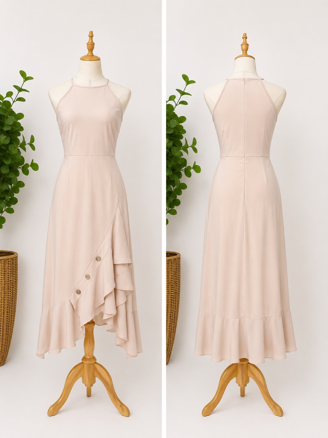 Preloved Beige Halter Neck Asymmetrical Ruffle Midi Dress 𝐁𝐫𝐚𝐧𝐝: REDTAG woman