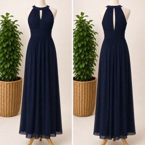 Preloved Navy Blue Pleated Bust Halter Neck Gown 𝐁𝐫𝐚𝐧𝐝: Marie Lund
