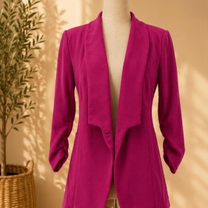 Preloved Fuchsia Pink Ruched 3/4 Sleeve Open-Front Tailored Blazer 𝐁𝐫𝐚𝐧𝐝: Shein