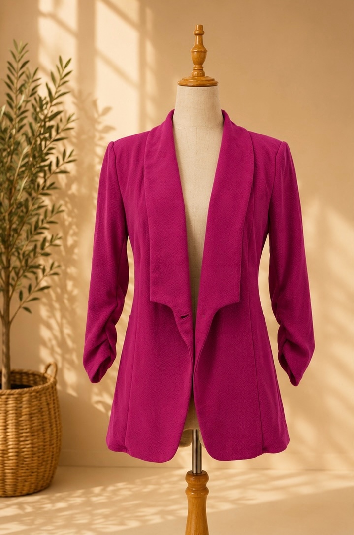 Preloved Fuchsia Pink Ruched 3/4 Sleeve Open-Front Tailored Blazer 𝐁𝐫𝐚𝐧𝐝: Shein