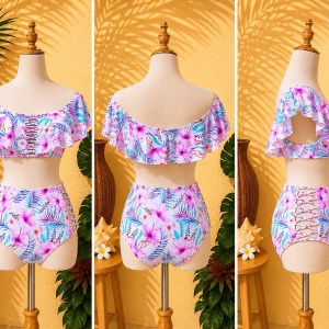 Brand New Floral Off-Shoulder Ruffle Two-Piece Swimsuit 𝐁𝐫𝐚𝐧𝐝: YMI