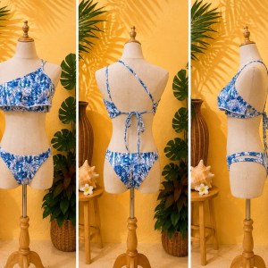 Preloved Blue Tropical Print One-Shoulder Two-Piece Swimsuit 𝐁𝐫𝐚𝐧𝐝: Areia Domar