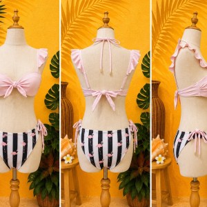 Preloved Pink Ruffle Sleeve Bikini Top with Flamingo Stripe Bottoms 𝐁𝐫𝐚𝐧𝐝: Shein