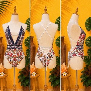 Preloved Boho Print Plunging V-Neck One-Piece