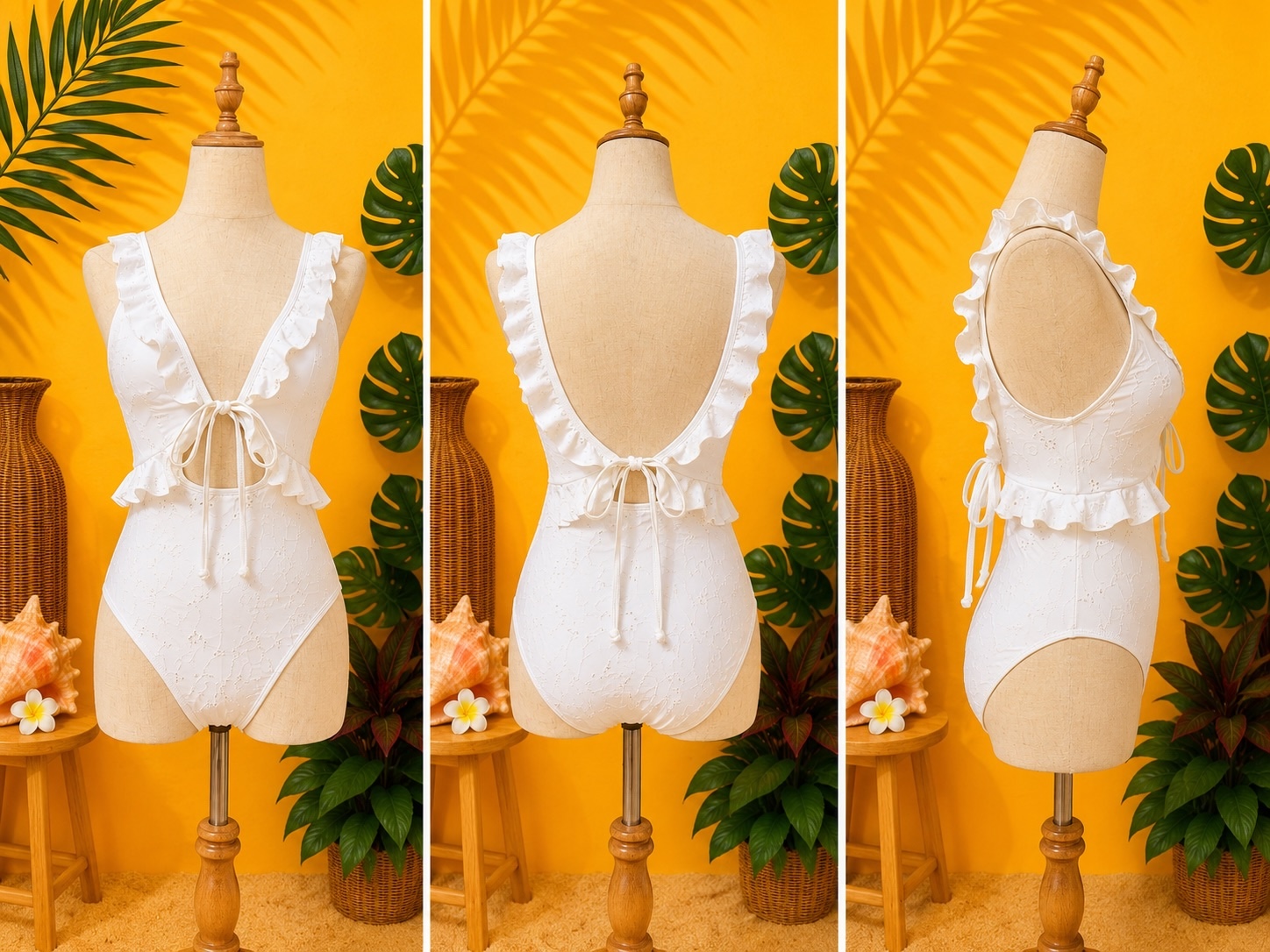 Preloved White Ruffled Plunging Tie-Front One-Piece Swimsuit 𝐁𝐫𝐚𝐧𝐝: ASOS