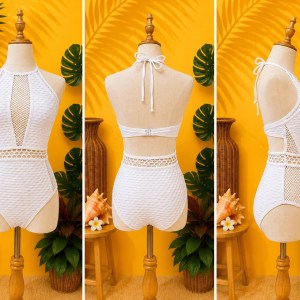Preloved White Halter Neck One-Piece Swimsuit with Mesh Panel Accent 𝐁𝐫𝐚𝐧𝐝: NEW LOOK