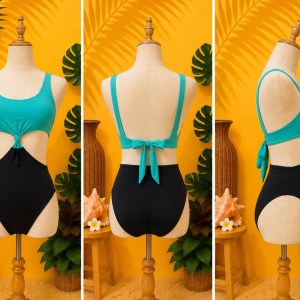 Preloved Two-Tone Cinch-Knot Tie Back One Piece Swimsuit 𝐁𝐫𝐚𝐧𝐝: Undiz