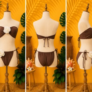 Brand New Chic Chocolate Brown 3D Flower Bandeau Two-Piece Bikini Swimsuit