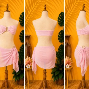 Brand New Baby Pink 3-Piece Bandeau Bikini Set with Ring Details and Sarong Cover Up 7