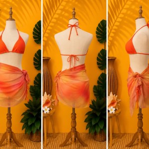 Brand New Vibrant Orange Sunset Vibes Two-Piece Swimsuit with Ombre Sarong