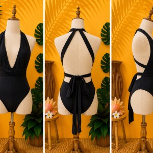 Brand New Black Plunging Neckline with Style-Your-Own Tie One Piece Swimsuit