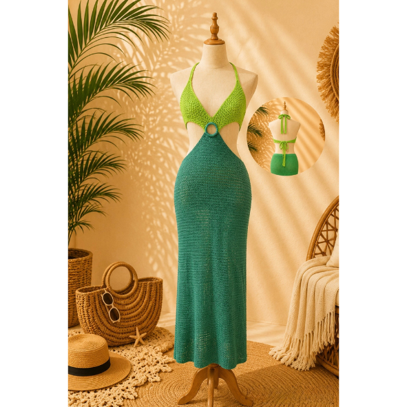 Preloved Two-Tone Lime & Green Crochet Cut-Out Cover Up