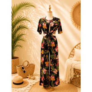 Preloved Black Floral Print Two-Piece Set with Tie-Front Cover Up
