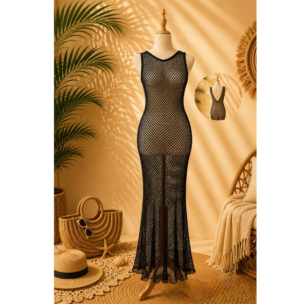 Preloved Edgy Black Fishnet Open Mesh Maxi Cover Up