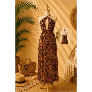 Preloved Leopard Print Crisscross Halter Maxi Cover-Up 𝐁𝐫𝐚𝐧𝐝: Boohoo