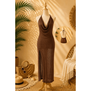 Preloved Sheer Brown Drape Cowl Neck High Slit Long Cover Up