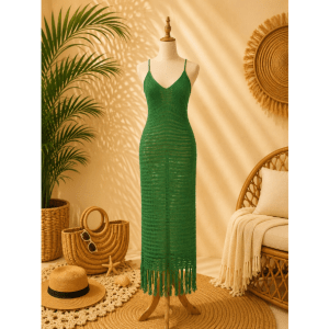 Preloved Green Tassel-Hem Cami Cover Up